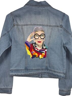Denim Jacket Medium Wash with Embroidered Icon Iris Apfel